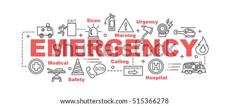 emergency vector banner design concept, flat style with thin line art emergency icons on white background
