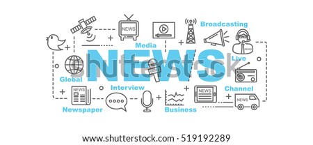 news vector banner design concept, flat style with thin line art news icons on white background
