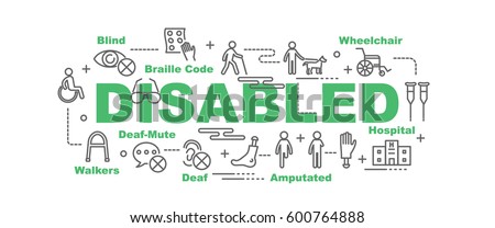 disabled vector banner design concept, flat style with thin line art icons on white background
