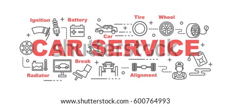car service vector banner design concept, flat style with thin line art icons on white background
