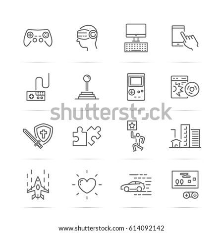 video game vector line icons, minimal pictogram design, editable stroke for any resolution