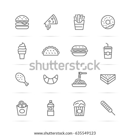 fast food vector line icons, minimal pictogram design, editable stroke for any resolution