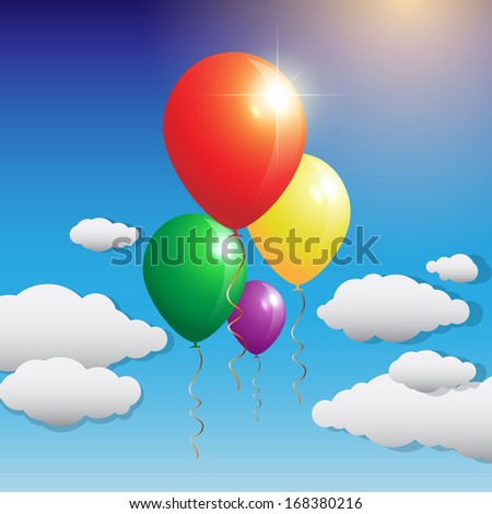 Balloons fly over the clouds in the sky illustration