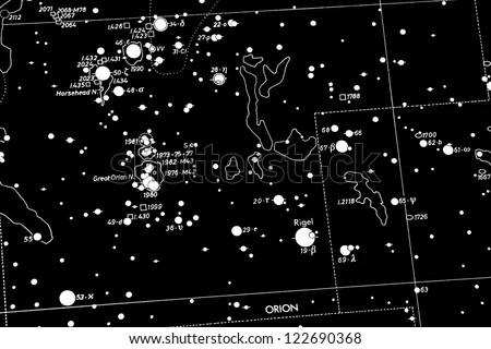 star map of orion constellation area, with the great nebula
