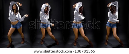 Sequence of latina female dancing to hip hop, wearing a hoodie on a black background.