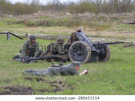 SAINT-PETERSBURG, RUSSIA - MAY 05, 2015: German artillery anti-tank weapon. Reconstruction episode of the great Patriotic war