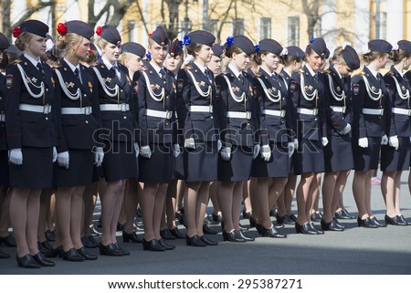 ST. PETERSBURG, RUSSIA - MAY 05, 2015: Police Academy cadets in formation before the rehearsal of the parade in honor of Victory Day