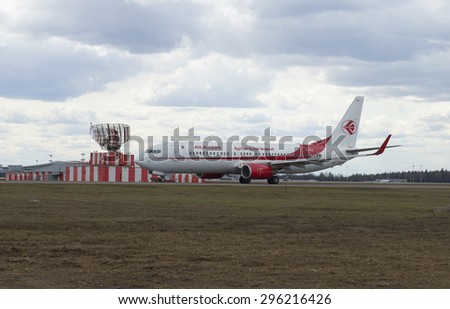MOSCOW, RUSSIA - APRIL 10, 2015: Aircraft Boeing 737-800 (7T-VKA) company Air Alg?rie after landing at Sheremetyevo Airport