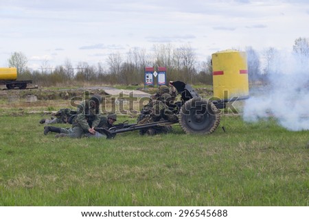 ST. PETERSBURG, RUSSIA - MAY 05, 2015: German artillery fire from anti-tank guns. The reconstruction period of the Second World war