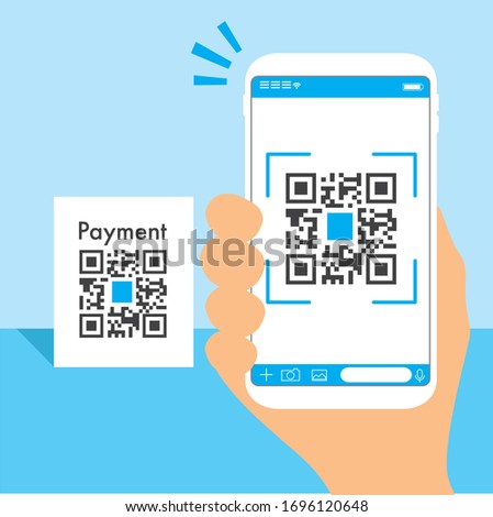 Qr code payment , online shopping , cashless technology concept. Coffee shop accepted digital pay without money , plastic tag on table and hand using mobile phone application to scan qr code.
