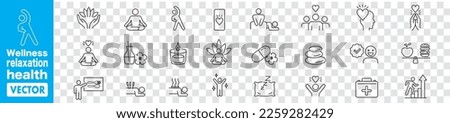 Wellness, relaxation, health, exercise, yoga, spa, diet, wellbeing, icon set collection.