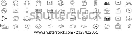 Content line icons editable set vector. Music Camera Audio Dj Piano Video Media Microphone Webcam Television Earphones Cinema