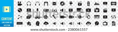 Content line icons editable set vector. Music Camera Audio Dj Piano Video Media Microphone Webcam Television Earphones Cinema