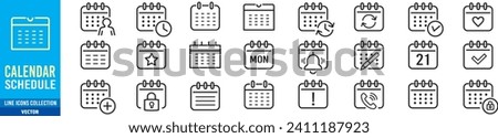 Calendar, Event, Schedule, Appointment, Agenda, Table calendar, Date Editable stroke Solid line icon set collection Vector illustration.