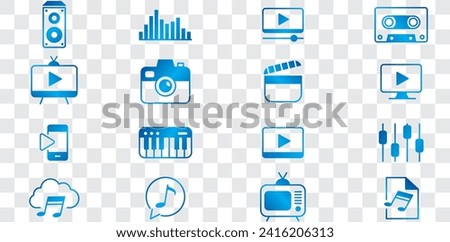 Content line icons editable set vector. Music Camera Audio Volume Dj Piano Video Media Microphone Webcam Television Earphones Cinema