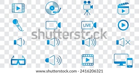 Content line icons editable set vector. Music Camera Audio Volume Dj Piano Video Media Microphone Webcam Television Earphones Cinema