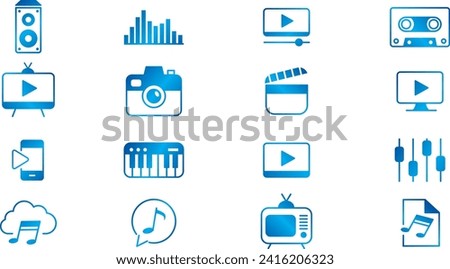 Content line icons editable set vector. Music Camera Audio Volume Dj Piano Video Media Microphone Webcam Television Earphones Cinema