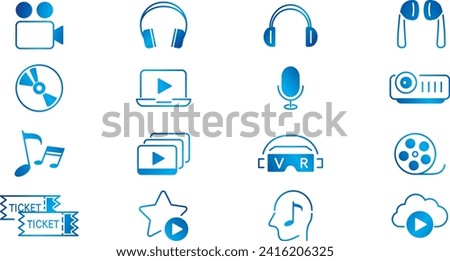 Content line icons editable set vector. Music Camera Audio Volume Dj Piano Video Media Microphone Webcam Television Earphones Cinema