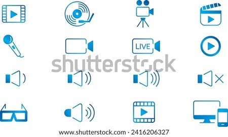 Content line icons editable set vector. Music Camera Audio Volume Dj Piano Video Media Microphone Webcam Television Earphones Cinema