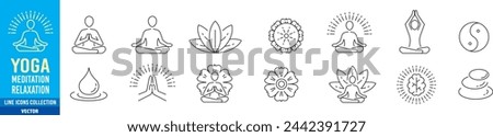 Meditation Practice Yoga and Zen icons set. Relaxation Inner Peace Self-knowledge Inner Concentration Editable Stroke Line icons collection Vector.