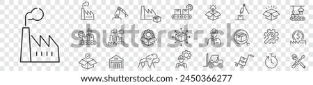 Factory icon set. Industry factory mass production manufacture machine fabrication goods editable stroke line vector icons collection.