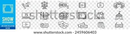 Entertainment Show icon set. live media movie event stage video theater concert cinema ticket magician circus. Linear icon collection. Editable stroke. Vector illustration