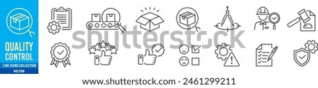 Quality control icon set. check auditin quality assurance testing evaluation spection product process. Editable stroke vector icons collection illustration.