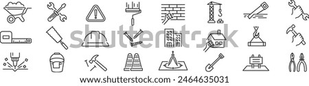 Build construction and Building reconstruction icons set. architecture, building, crane, house, land, excavator, maintenance, engineer, carpenter, contractor, worker Editable stroke icons collection v