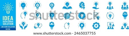 Idea icon set. Creative, business, solution, brainstorming, innovation, Lightbulb, brain, meeting, thinking and management. Editable stroke icons collection vector illustration. 