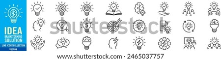 Idea icon set. Creative, business, solution, brainstorming, innovation, Lightbulb, brain, meeting, thinking and management. Editable stroke icons collection vector illustration. 