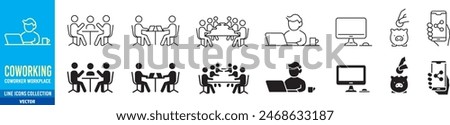 Co-working space icons set. Included icons as coworking, coworker, workers, meeting, workplace, workspace, share, sharing, cost savings, team work and home office. Editable stroke liner icon collectio