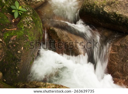 Malaysia.Tioman island,summer.Water cascade on the mountin stream and rocks washed by foamed water.