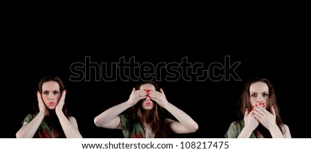 Hear no evil, see no evil, speak no evil; 3 pictures of a lady with green and red silk scarf with hands covering her ears, eyes and mouth
