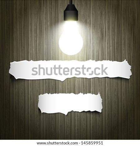 Scraps of paper under the light of a lamp on a wooden background. Raster version.