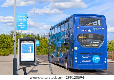 CAMBRIDGE, ENGLAND - MAY 28:  Park&ride double-decker bus at the Trumpington bus stop on May 28, 2015 in Cambridge
