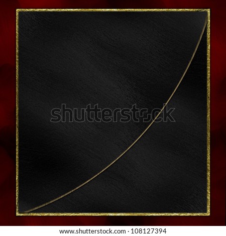 Black square with a gold border separated by a golden line on a red background