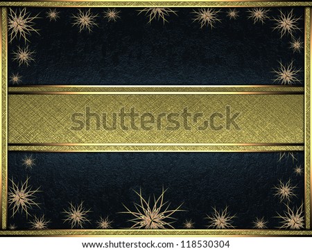 The template for the inscription. Beautiful black background with a gold ribbon on the edges decorated with stars and gold nameplate for writing. Template greeting card.
