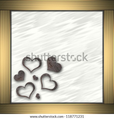 The template for the inscription. White  background in a gold frame with wooden hearts on the sides