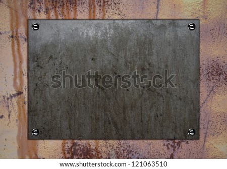 Design template. Rusty Metal Wall with stone name plate