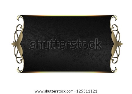 Template for writing. Black nameplate with gold ornate edges, isolated on white background