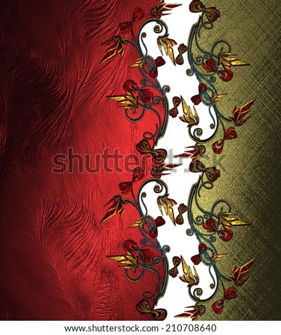Abstract red texture with gold ribbon with patterns of flowers. Design template. Design site