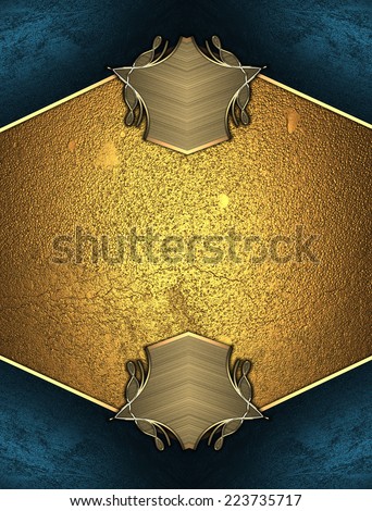 Blue frame with golden ornaments on gold background. Design template. Design site