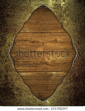 Grunge shabby metal frame with gold trim with wooden background. Template design for text. Template for site