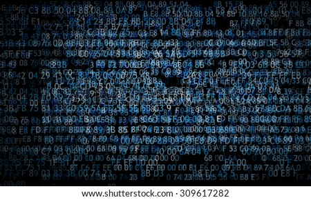 Hexadecimal code running up a computer screen on black background. Blue digits.