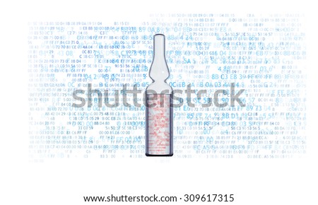 Ampoule with binary code in the background hexadecimal code. The concept of the medicine and the treatment and protection of information. The concept of medicine for a cyborg