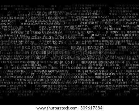 Hexadecimal code running up a computer screen on black background. white digits.
