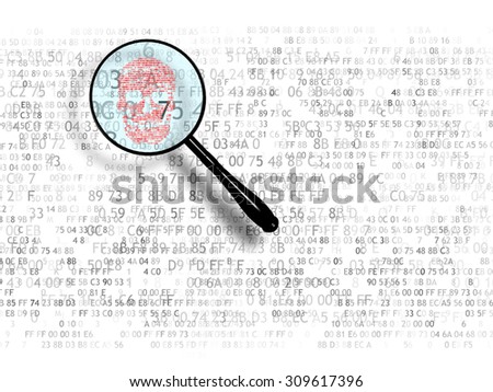 The concept of search in hex code, malicious code. Web search. A magnifying glass looking for
