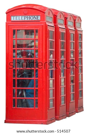 Typical British old-style red phone boxes, isolated, with path