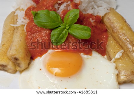 Cuban-style rice, a traditional Cuban dish of boiled rice with fried egg and banana with tomato sauce, garnished with Basil leaves. Popular in Spain, especially Catalonia, and Canary Islands