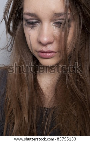 Close Up Photo Of A Young Beautiful Woman Crying, With Smudged Make Up ...